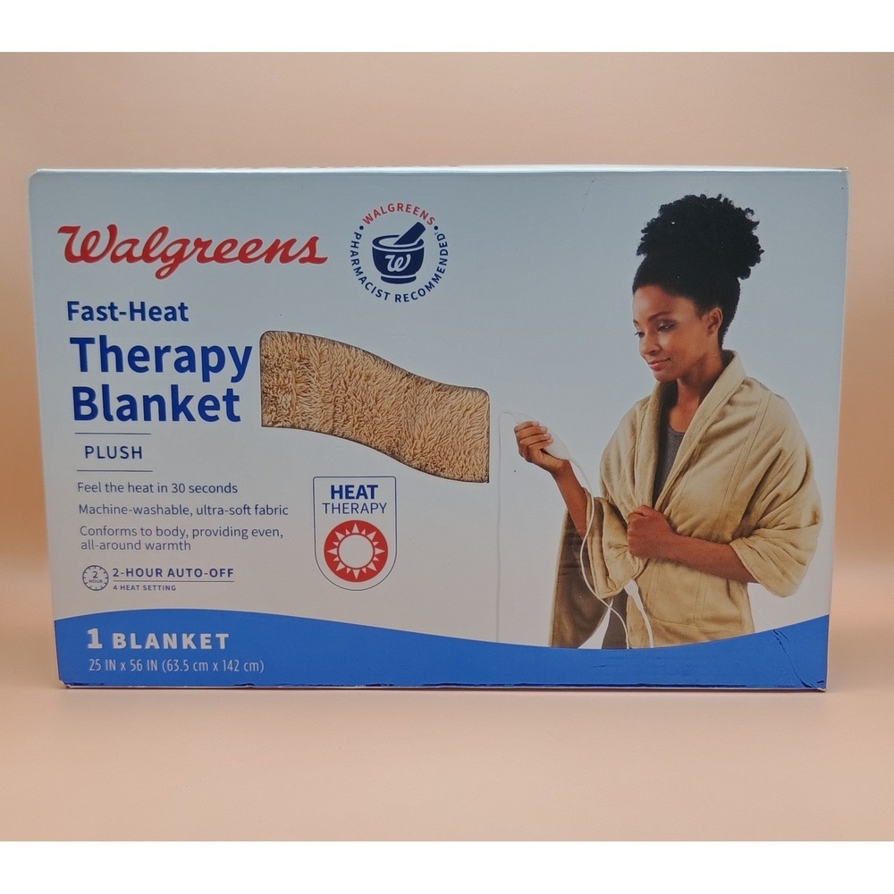 Walgreens Fast-Heat Therapy Blanket Plush Heated Wrap 25x56 Tan 4 Heat Settings